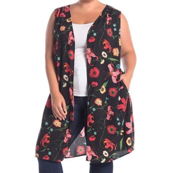 Pleione Jackets & Blazers - Pleione Floral Open Front Duster Vest L Art to Wear Artsy Cottagecore Boho